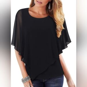 Lotusmile Women's Lightweight Flowy Shirt Double-Layered Printed Chiffon Poncho